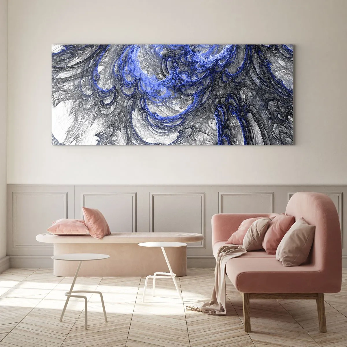 Glasbild - Bild auf glas - Abstrakte Wellen in Blau- und Grautönen - 160x50cm - Die Geburt einer Welle - Moderne Wanddekoration für Wohnzimmer und Schlafzimmer ARTTOR