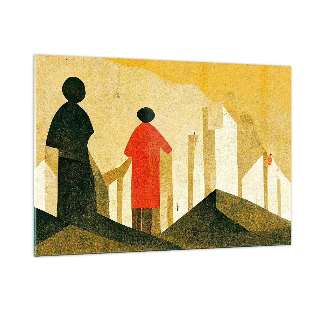 Glasbild - Bild auf glas - Geometrische Silhouetten von Figuren zwischen hohen Formen vor dem Hintergrund eines gelben Himmels - 120x80cm - Es ist noch ein langer Weg - Moderne Wanddekoration für Wohnzimmer und Schlafzimmer ARTTOR