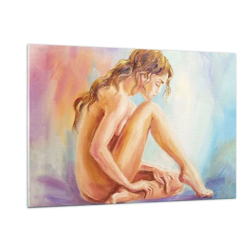 Glasbild - Bild auf glas - Eine Frau in subtiler Reflexion vor einem Hintergrund in Pastellfarben - 120x80cm - Akt der Jugend - Moderne Wanddekoration für Wohnzimmer und Schlafzimmer ARTTOR