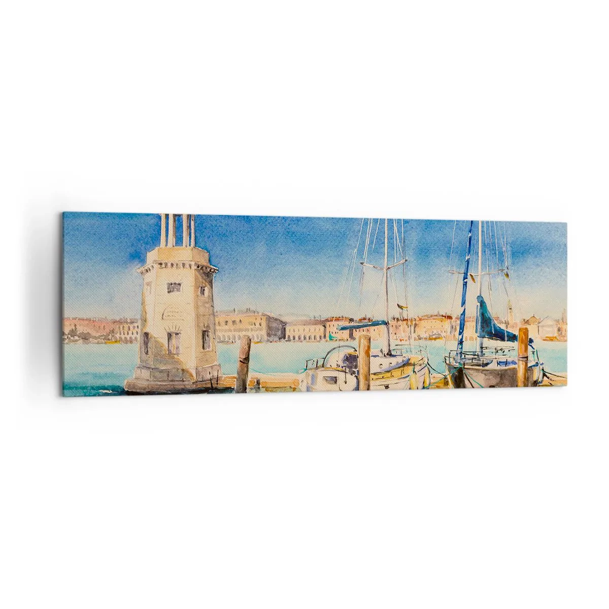 Bild auf Leinwand - Leinwandbild - Yachthafen mit Booten vor der Kulisse einer blauen Lagune - 160x50cm - Sonnige Lagune - Moderne Wanddekoration für Wohnzimmer und Schlafzimmer ARTTOR