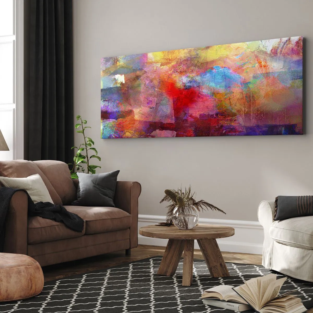 Bild auf Leinwand - Leinwandbild - Bunte Abstraktion in warmen und kühlen Farbtönen - 120x50cm - Schau in den Regenbogen - Moderne Wanddekoration für Wohnzimmer und Schlafzimmer ARTTOR