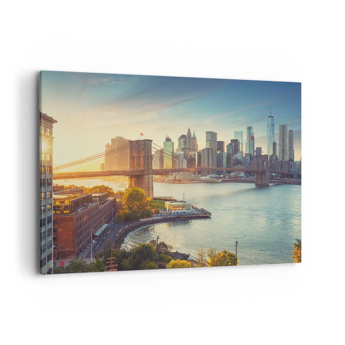 Bild auf Leinwand - Leinwandbild - Panorama der Stadt mit der Brücke bei Sonnenuntergang - 100x70cm - Morgendämmerung der Großstadt - Moderne Wanddekoration für Wohnzimmer und Schlafzimmer ARTTOR