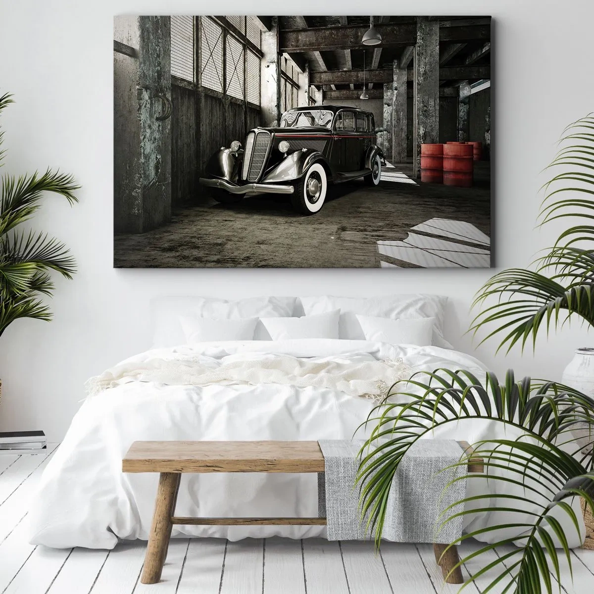 Bild auf Leinwand - Leinwandbild - Stilvolles Retro-Auto in einem Rohlager - 100x70cm - Die ewige Eleganz der 1930er Jahre - Moderne Wanddekoration für Wohnzimmer und Schlafzimmer ARTTOR