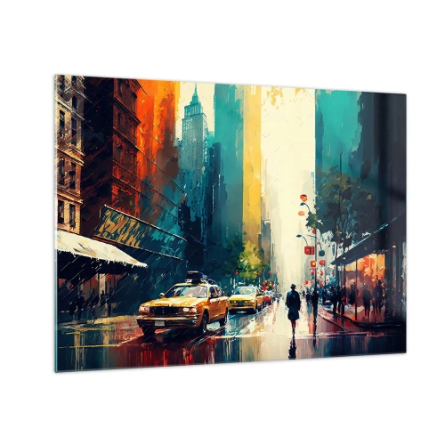 Glasbild - Bild auf glas - Bunte Taxis und Wolkenkratzer auf einer nassen Stadtstraße - 70x50cm - New York – selbst der Regen ist hier bunt - Moderne Wanddekoration für Wohnzimmer und Schlafzimmer ARTTOR