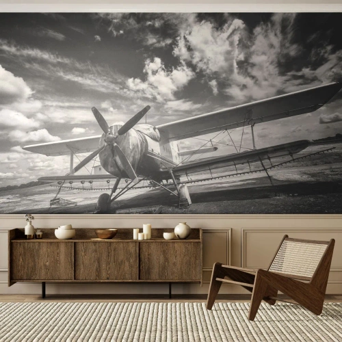 Fototapete Standard Eco - Ein schwarz-weißes Flugzeug vor einem dynamischen Himmel - 100x70cm - Ich kann es kaum erwarten! - Moderne Wanddekoration für Wohnzimmer und Schlafzimmer ARTTOR