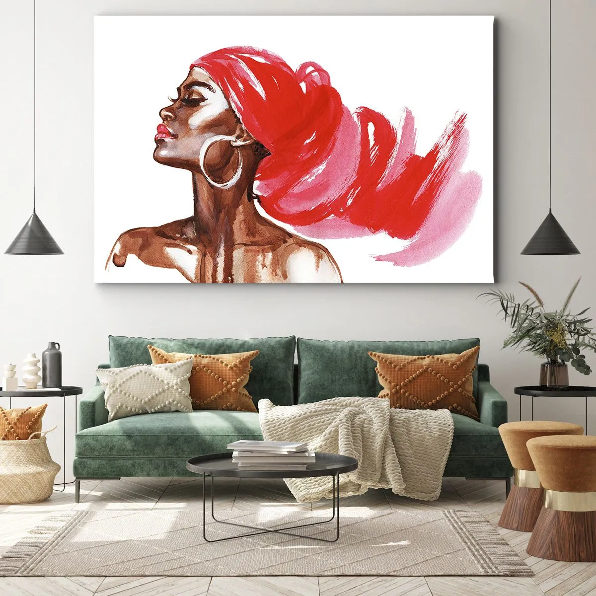 Bild auf Leinwand - Leinwandbild - Profil einer Frau mit rotem Turban und Ohrringen - 70x50cm - Es weht ein Wind, der die Nase eines Mannes öffnet - Moderne Wanddekoration für Wohnzimmer und Schlafzimmer ARTTOR
