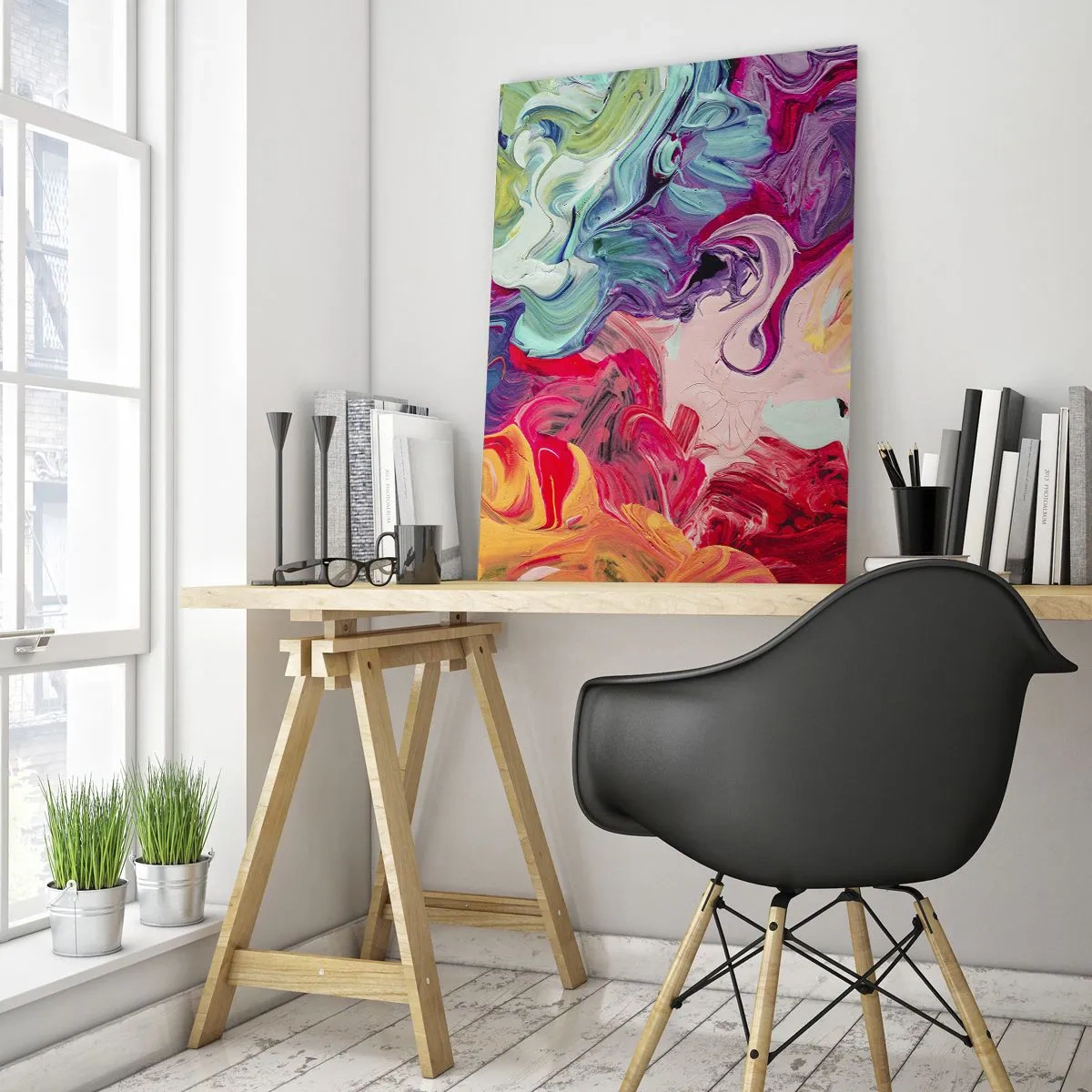 Glasbild - Bild auf glas - Abstrakte bunte Farbstreifen auf Leinwand in intensiven Farben - 50x70cm - Die Geburt der Farben - Moderne Wanddekoration für Wohnzimmer und Schlafzimmer ARTTOR