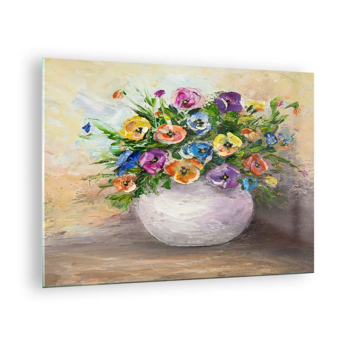 Glasbild - Bild auf glas - Ein Strauß bunter Blumen in einer weißen Vase - 70x50cm - Stillleben mit einer weißen Vase - Moderne Wanddekoration für Wohnzimmer und Schlafzimmer ARTTOR