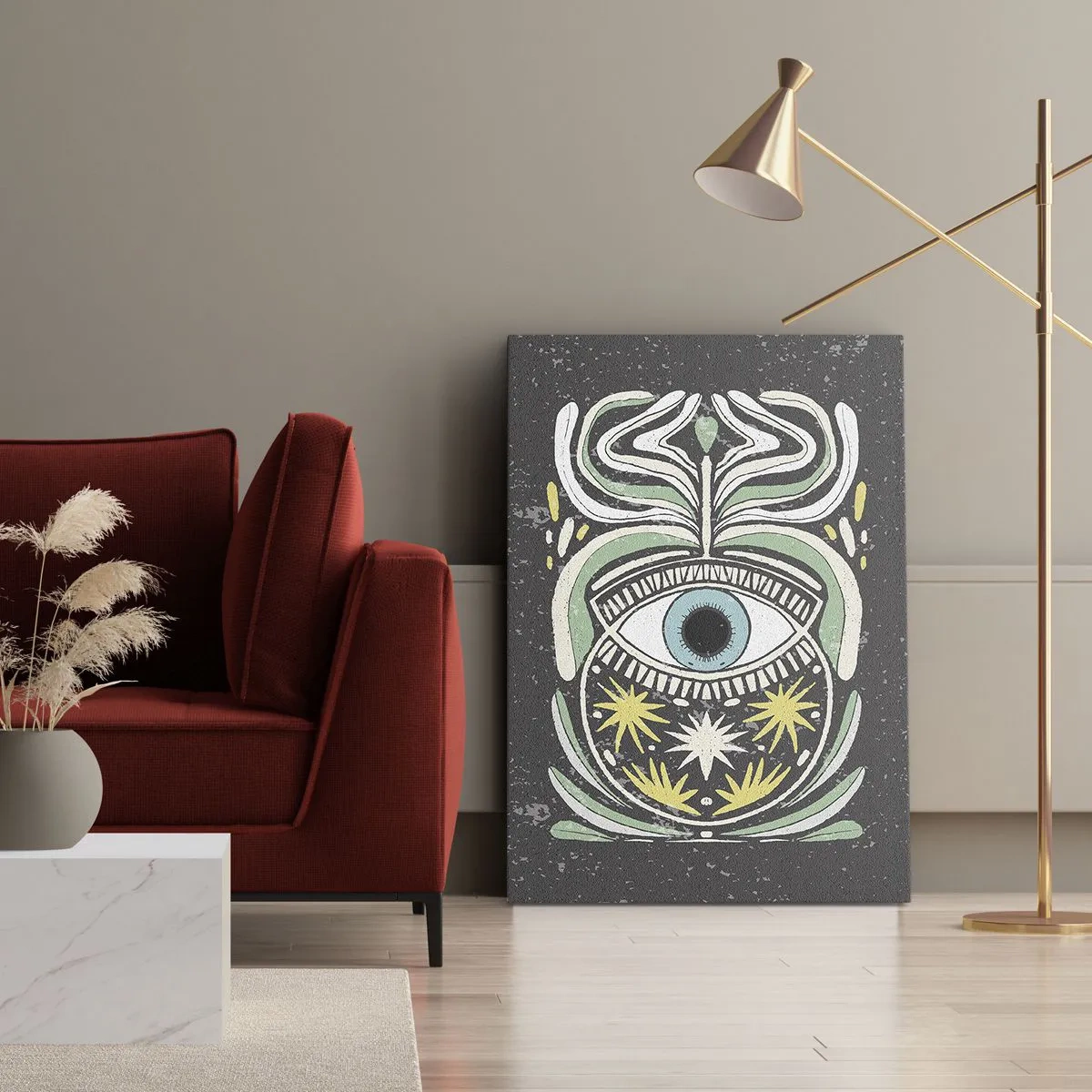 Bild auf Leinwand - Leinwandbild - Ein symbolisches Auge, umgeben von abstrakten Mustern - 50x70cm - Stammesrituale - Moderne Wanddekoration für Wohnzimmer und Schlafzimmer ARTTOR