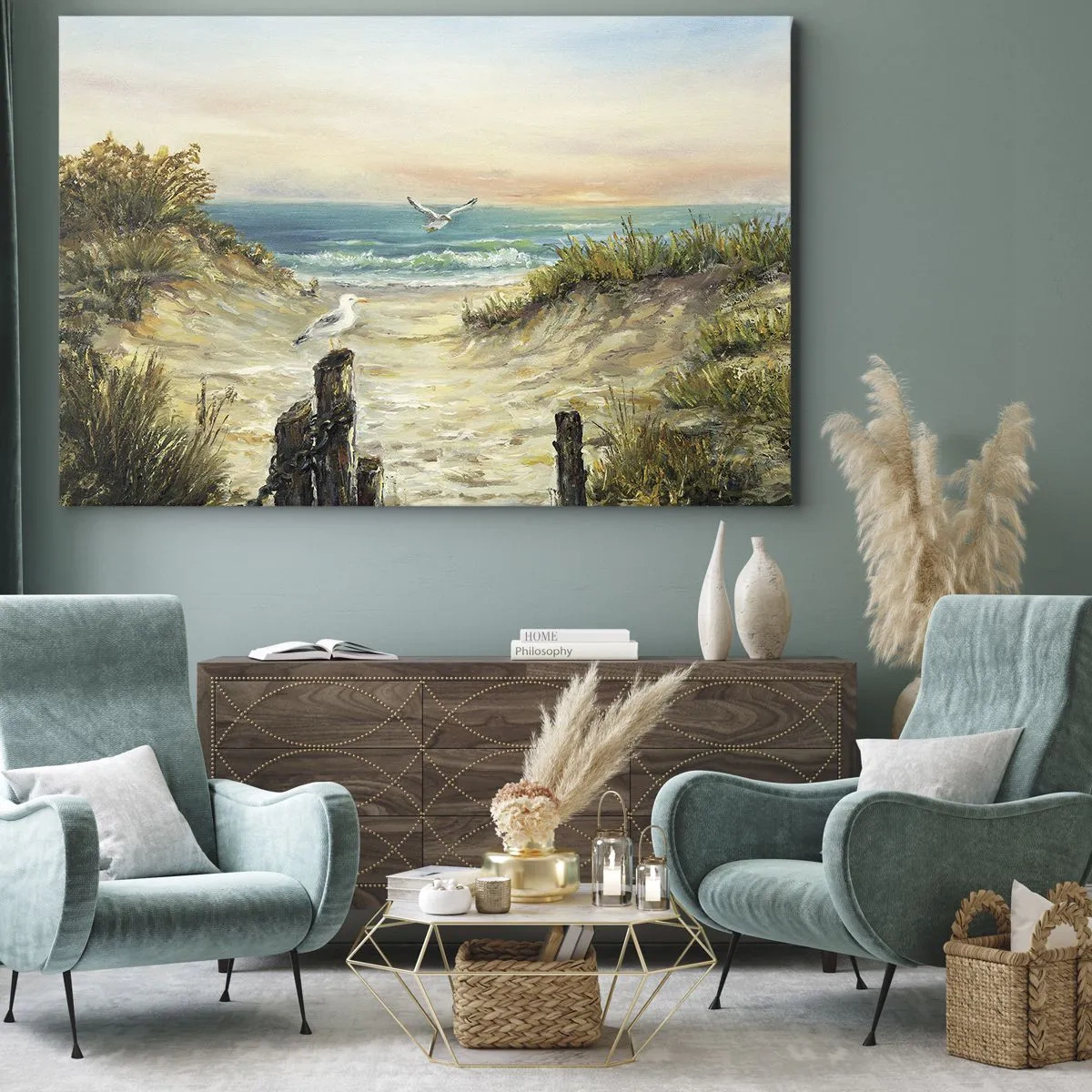 Bild auf Leinwand - Leinwandbild - Küste mit Möwen und Dünen bei Sonnenuntergang - 70x50cm - Windlose Abgeschiedenheit - Moderne Wanddekoration für Wohnzimmer und Schlafzimmer ARTTOR