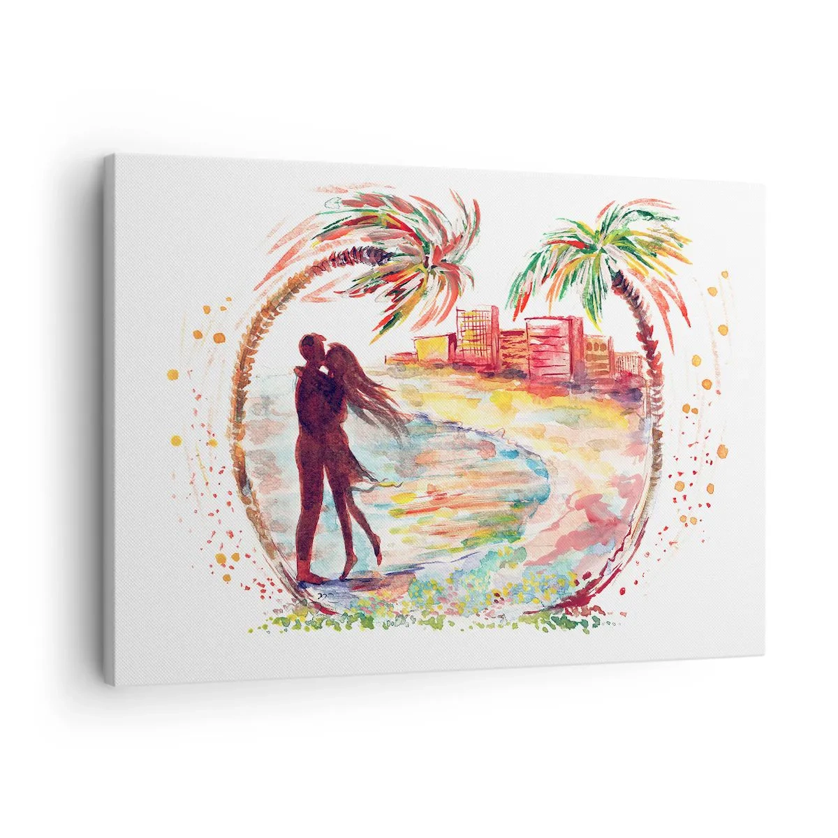 Bild auf Leinwand - Leinwandbild - Romantische Paarszene an einem Strand mit Palmen in Aquarell - 70x50cm - Romantischer Urlaub - Moderne Wanddekoration für Wohnzimmer und Schlafzimmer ARTTOR