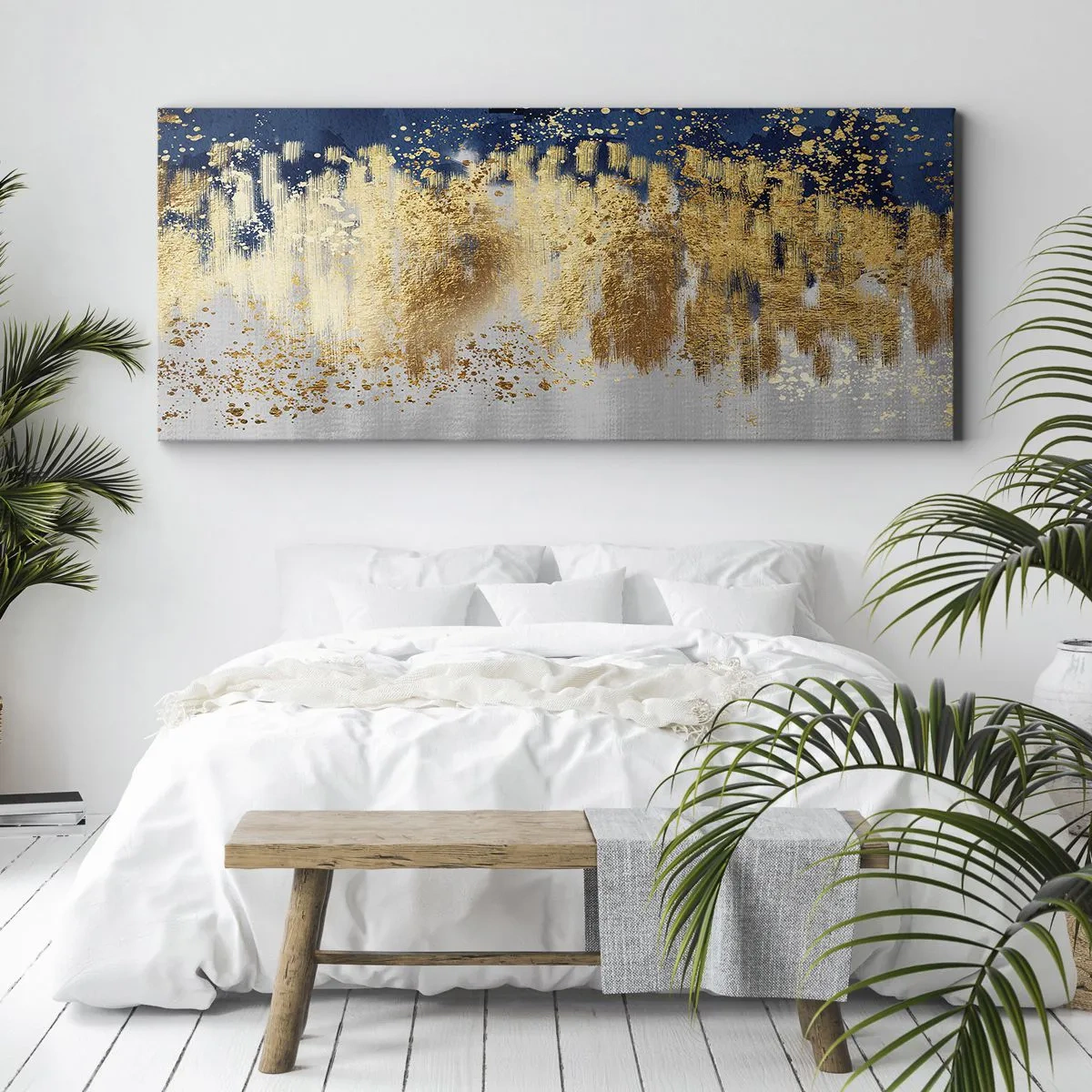 Bild auf Leinwand - Leinwandbild - Eine abstrakte Komposition in Gold- und Marineblautönen. - 120x50cm - Moderne Komposition mit Glanz - Moderne Wanddekoration für Wohnzimmer und Schlafzimmer ARTTOR