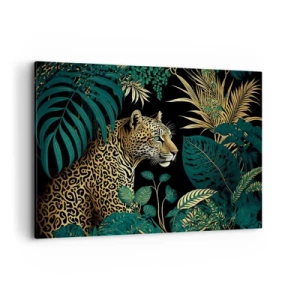 Bild auf Leinwand - Leinwandbild - Leopard in tropischen Blättern auf schwarzem Hintergrund - 120x80cm - Gastgeber im Dschungel - Moderne Wanddekoration für Wohnzimmer und Schlafzimmer ARTTOR