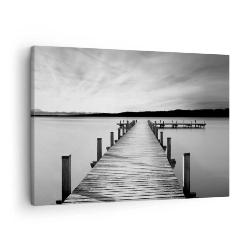 Bild auf Leinwand - Leinwandbild - Ein schwarz-weißer Steg an einem ruhigen See - 70x50cm - An der Wasserstelle - Ruhe - Moderne Wanddekoration für Wohnzimmer und Schlafzimmer ARTTOR