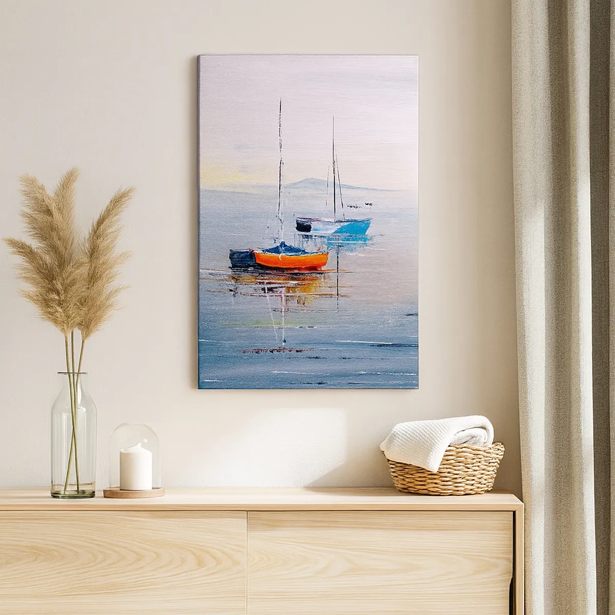 Bild auf Leinwand - Leinwandbild - Bunte Boote auf ruhigem Wasser - 50x70cm - Wohlverdiente Ruhe - Moderne Wanddekoration für Wohnzimmer und Schlafzimmer ARTTOR