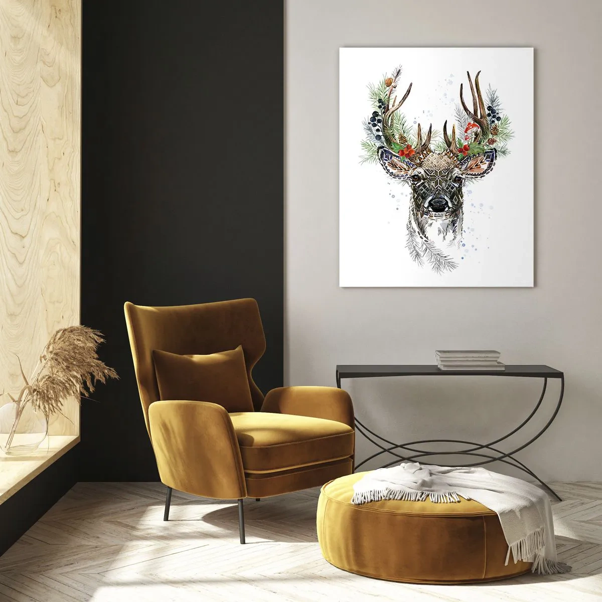 Glasbild - Bild auf glas - Stilisierter Hirsch mit dekorativem Geweih auf weißem Hintergrund - 70x100cm - Im festlichen Gewand - Moderne Wanddekoration für Wohnzimmer und Schlafzimmer ARTTOR