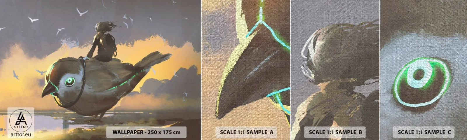 Fototapeten Muster Premium Canvas - Ein Stopp auf einer fantastischen Reise - Abstraktion, Vogel, Fantasie - 100x30 cm