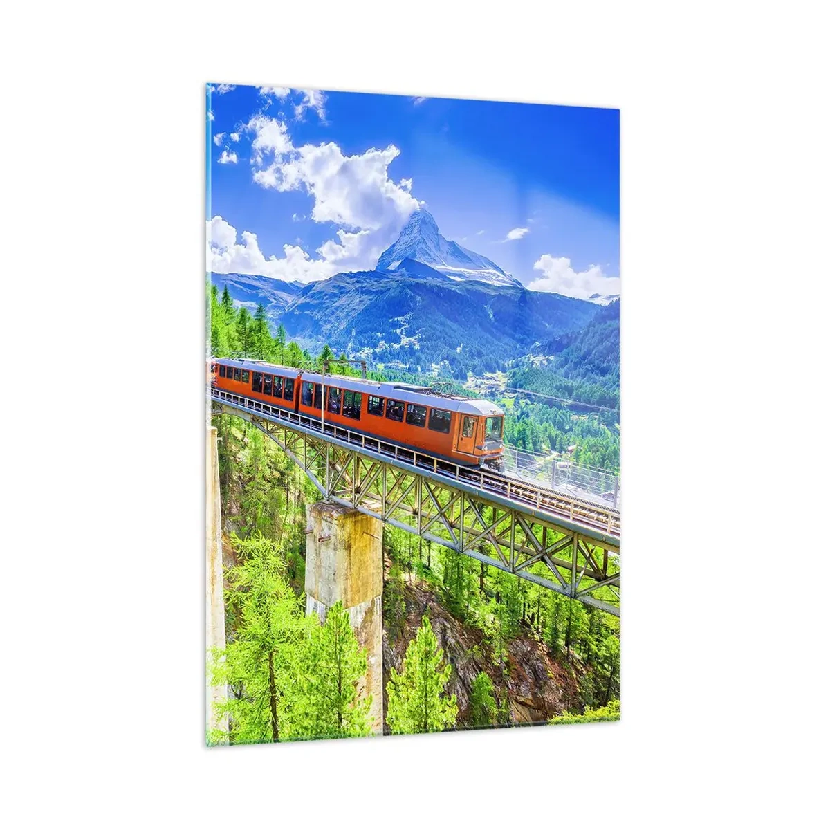 Glasbild - Bild auf glas - Alpenzug auf einer Brücke mit Blick auf einen Wasserfall - 50x70cm - Jetzt sind Alpen dran - Moderne Wanddekoration für Wohnzimmer und Schlafzimmer ARTTOR