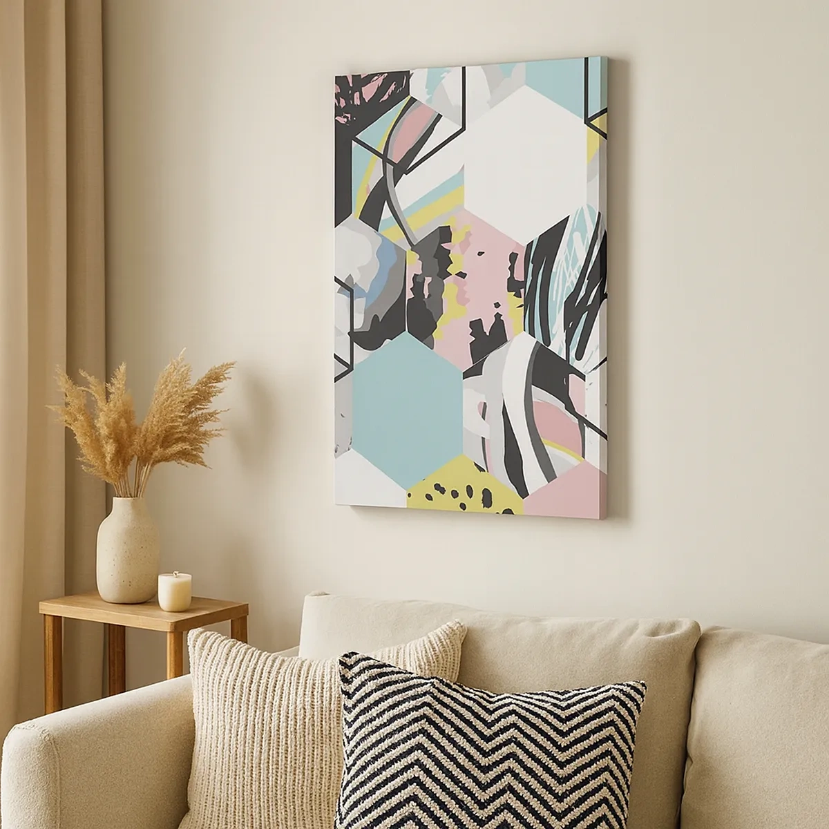 Bild auf Leinwand - Leinwandbild - Geometrisches Sechseckmuster mit farbenfrohen abstrakten Details - 50x70cm - Sechsecke und Würfel in sechs Farben - Moderne Wanddekoration für Wohnzimmer und Schlafzimmer ARTTOR