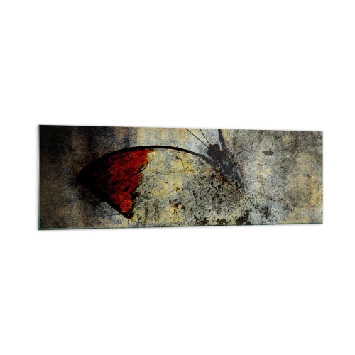 Glasbild - Bild auf glas - Ein Schmetterling in Rot- und Grautönen auf strukturiertem Hintergrund - 160x50cm - Pass auf, bevor ich verschwinde - Moderne Wanddekoration für Wohnzimmer und Schlafzimmer ARTTOR
