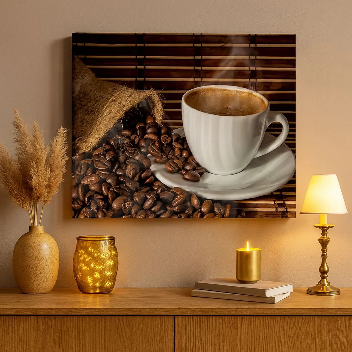 Bild auf Leinwand - Leinwandbild - Eine Tasse Kaffee mit Bohnen auf Bambus-Hintergrund - 70x50cm - Die Schwärze von Kohle, die Klarheit von Bernstein - Moderne Wanddekoration für Wohnzimmer und Schlafzimmer ARTTOR