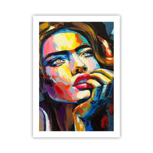 Poster - Ein markantes, farbenfrohes Frauenporträt im ausdrucksstarken Stil. - 50x70cm - Träume fliegen am Himmel wie Vögel - Moderne Wanddekoration für Wohnzimmer und Schlafzimmer ARTTOR