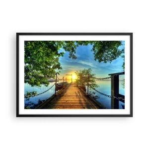 Poster in einem schwarzem Rahmen - Ein Pier über dem See in den Strahlen des Sonnenuntergangs - 70x50cm - Westen auf dem Wasser - Moderne Wanddekoration für Wohnzimmer und Schlafzimmer ARTTOR