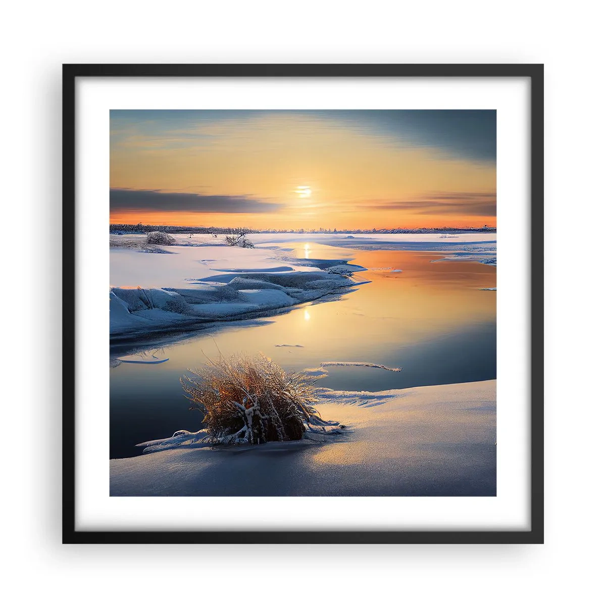 Poster in einem schwarzem Rahmen - Wintersonnenuntergang - 50x50 cm