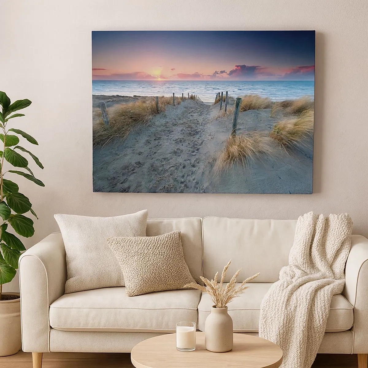 Bild auf Leinwand - Leinwandbild - Weg zum Strand bei Sonnenuntergang - 70x50cm - Du hast einen Regenbogen aus strahlendem Licht verschüttet ... - Moderne Wanddekoration für Wohnzimmer und Schlafzimmer ARTTOR