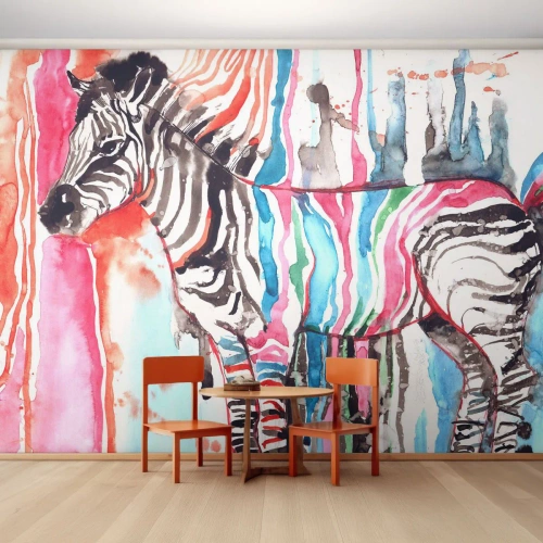 Fototapete Premium Sand - Ein buntes Zebra im künstlerischen Aquarellstil - 100x70cm - Unbeschwerter Witz der Natur - Moderne Wanddekoration für Wohnzimmer und Schlafzimmer ARTTOR