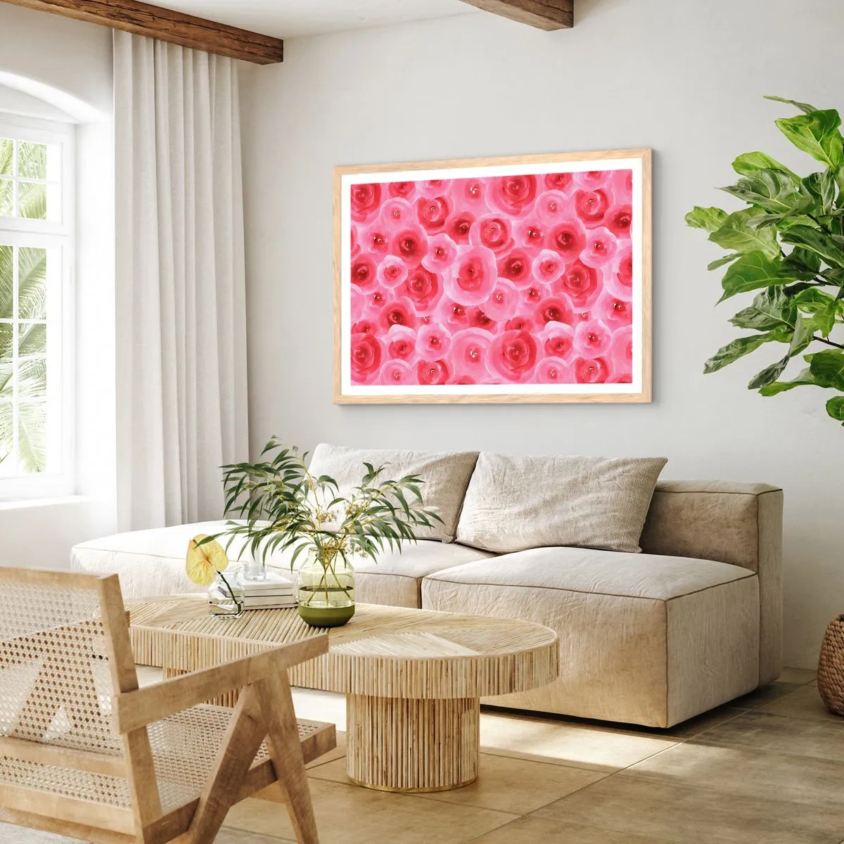 Poster in einem Rahmen aus heller Eiche - Oben und unten Rosen - 40x30 cm