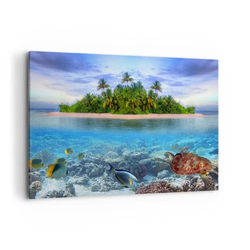 Bild auf Leinwand - Leinwandbild - Eine tropische Insel, umgeben von einem türkisfarbenen Ozean mit einem Korallenriff und Fischen. - 120x80cm - Heavenly Island lädt dich ein - Moderne Wanddekoration für Wohnzimmer und Schlafzimmer ARTTOR