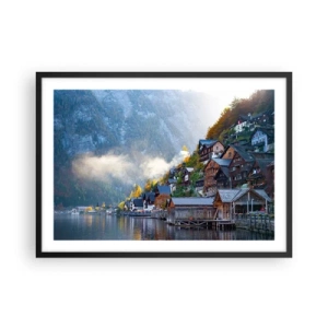 Poster in einem schwarzem Rahmen - Ein Bergdorf an einem See in herbstlicher Landschaft - 70x50cm - Alpenatmosphäre - Moderne Wanddekoration für Wohnzimmer und Schlafzimmer ARTTOR