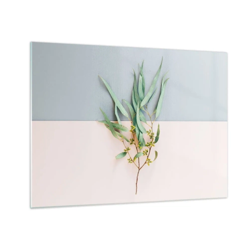 Glasbild - Bild auf glas - Ein Zweig Eukalyptus auf pastellfarbenem Hintergrund - 70x50cm - Pastellige Subtilität - Moderne Wanddekoration für Wohnzimmer und Schlafzimmer ARTTOR