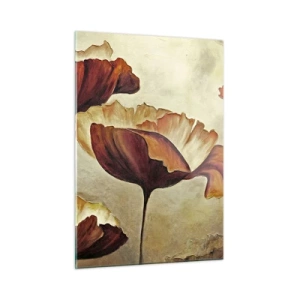 Glasbild - Bild auf glas - Mohnblumen in Rot- und Goldtönen auf hellem Hintergrund - 50x70cm - Weideland - Moderne Wanddekoration für Wohnzimmer und Schlafzimmer ARTTOR