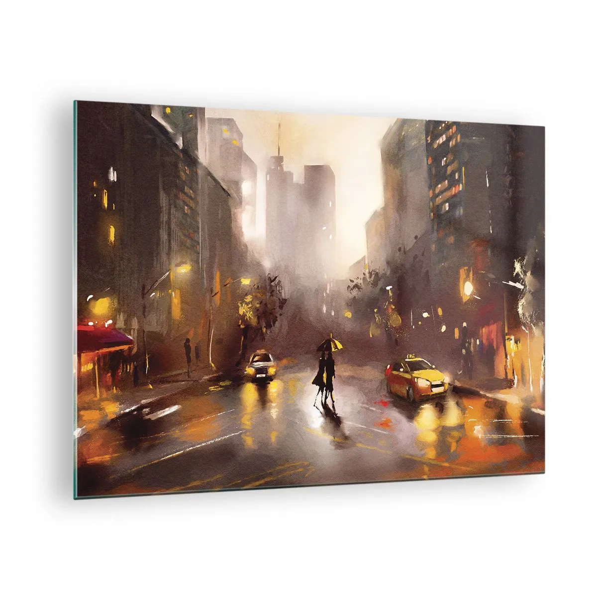 Glasbild - Bild auf glas - Stadt bei Nacht im Regen mit Taxis und der Silhouette eines Paares - 70x50cm - Im Licht von New York - Moderne Wanddekoration für Wohnzimmer und Schlafzimmer ARTTOR