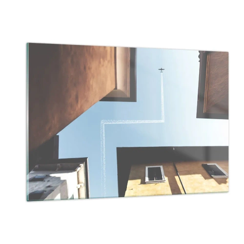 Glasbild - Bild auf glas - Ein Flugzeug über der Stadt, gesehen von einem Hof zwischen Mietshäusern - 120x80cm - Über dem Stadtlabyrinth - Moderne Wanddekoration für Wohnzimmer und Schlafzimmer ARTTOR