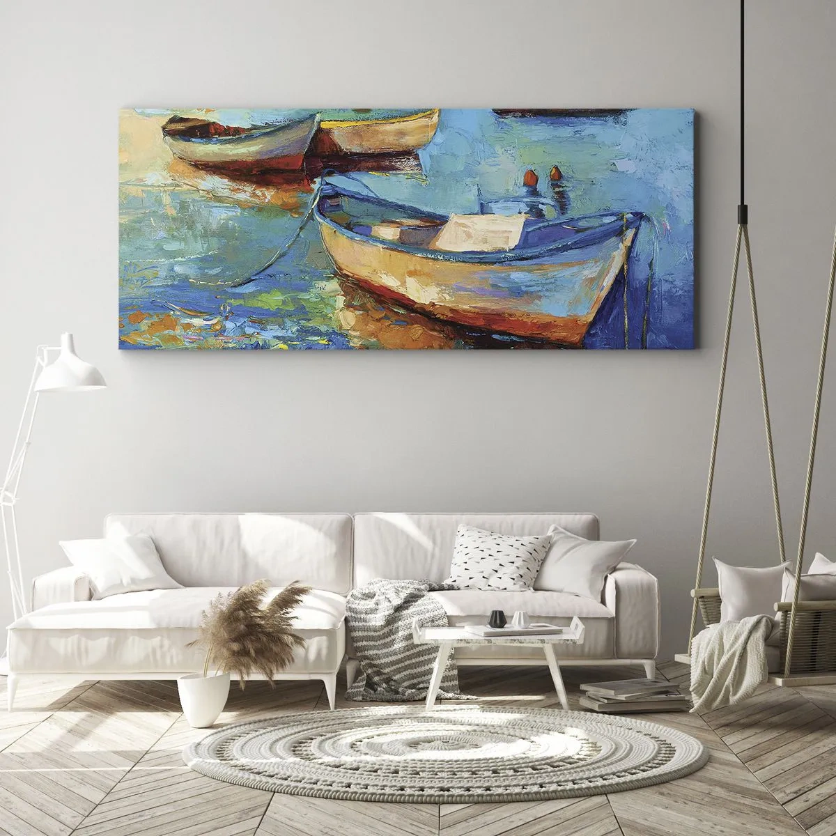 Bild auf Leinwand - Leinwandbild - Bunte Boote vertäut auf ruhigem Wasser - 120x50cm - In der südlichen Bucht - Moderne Wanddekoration für Wohnzimmer und Schlafzimmer ARTTOR