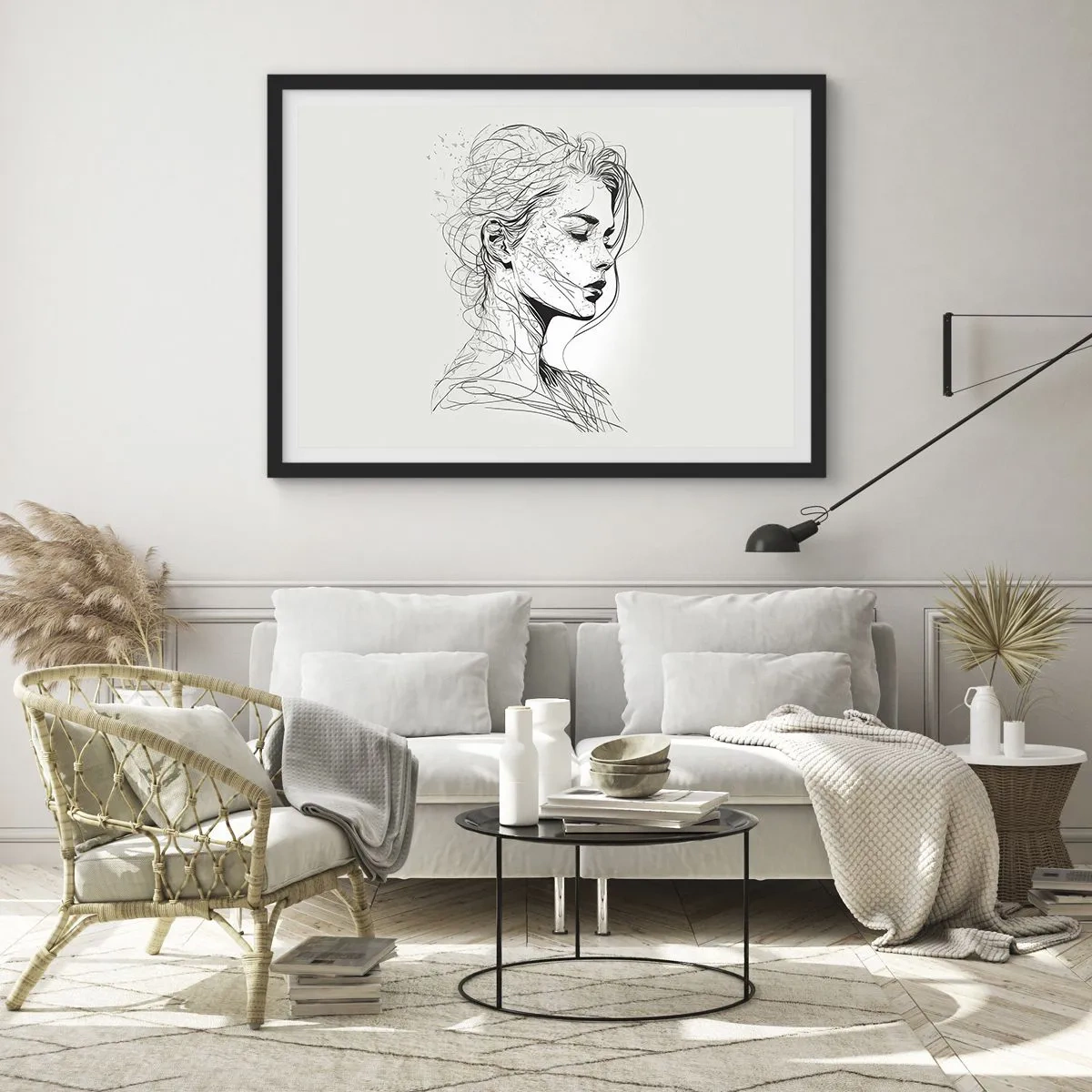 Poster in einem schwarzem Rahmen - Ein zartes Frauenporträt im minimalistischen Grafikstil. - 70x50cm - Porträt im Gedanken - Moderne Wanddekoration für Wohnzimmer und Schlafzimmer ARTTOR