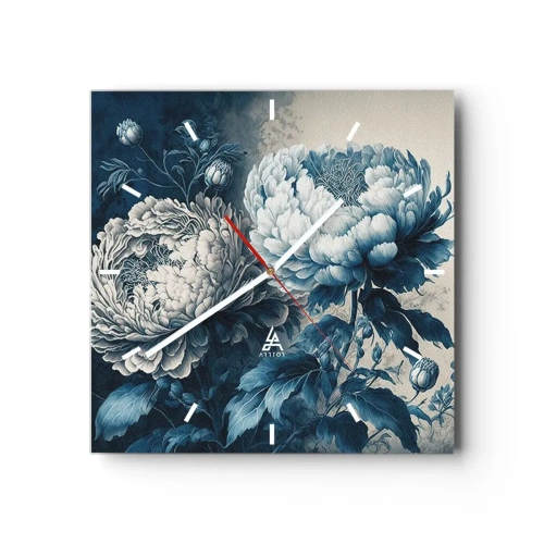 Wanduhr - Glasuhr - Blaue Pfingstrosen auf dezentem Untergrund mit zartem Muster - 30x30cm - Passendes Paar - Moderne Wanddekoration für Wohnzimmer und Schlafzimmer ARTTOR