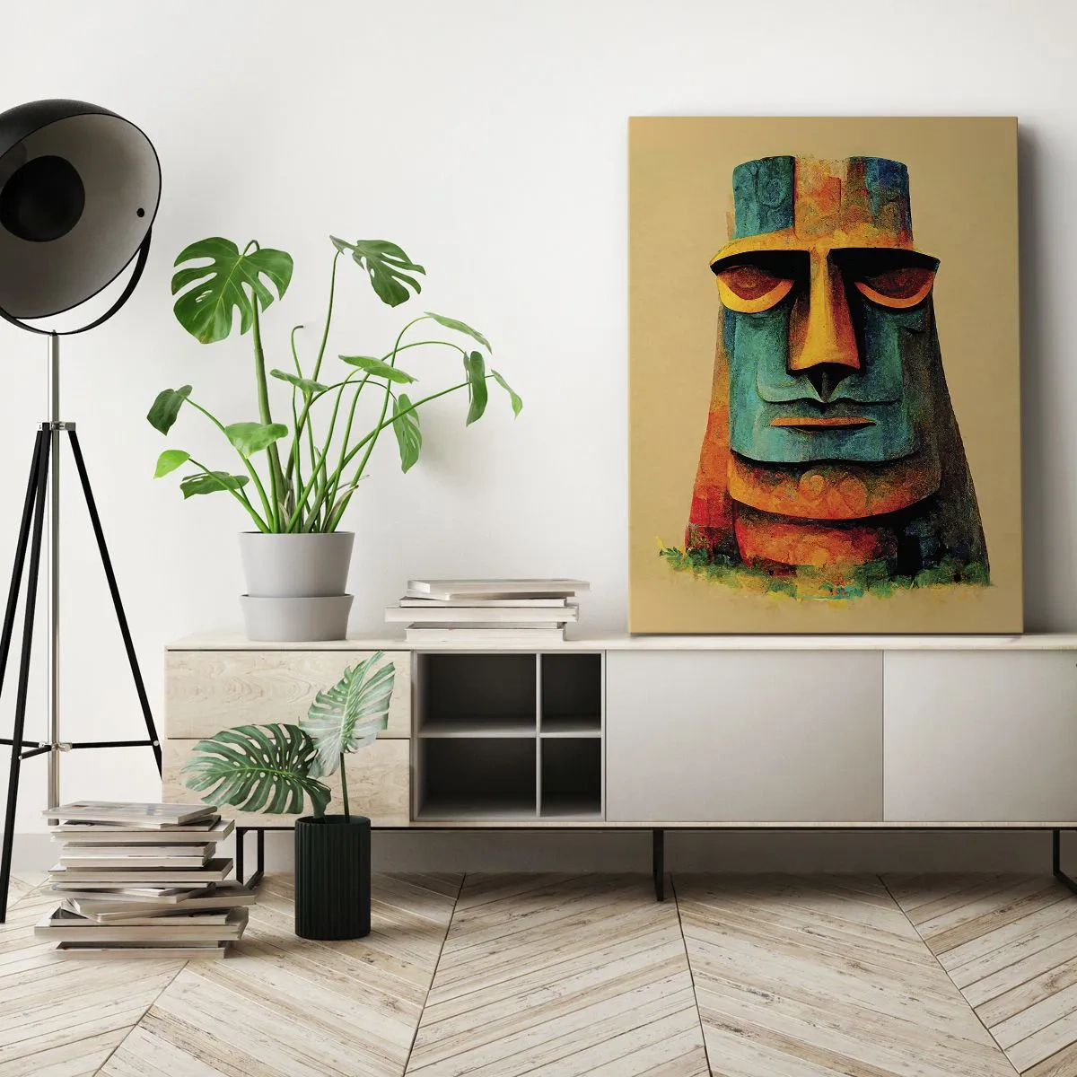 Bild auf Leinwand - Leinwandbild - Bunte Statue von der Osterinsel - 50x70cm - Statuenhaft und sympathisch - Moderne Wanddekoration für Wohnzimmer und Schlafzimmer ARTTOR