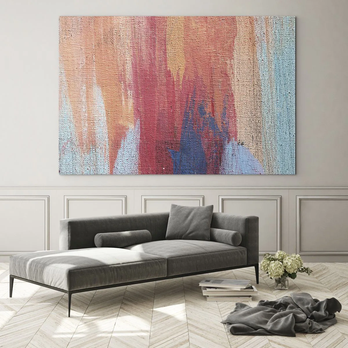 Glasbild - Bild auf glas - Bunte Farbschlieren auf der Leinwandstruktur - 70x50cm - Renne den Regenbogen hinunter - Moderne Wanddekoration für Wohnzimmer und Schlafzimmer ARTTOR
