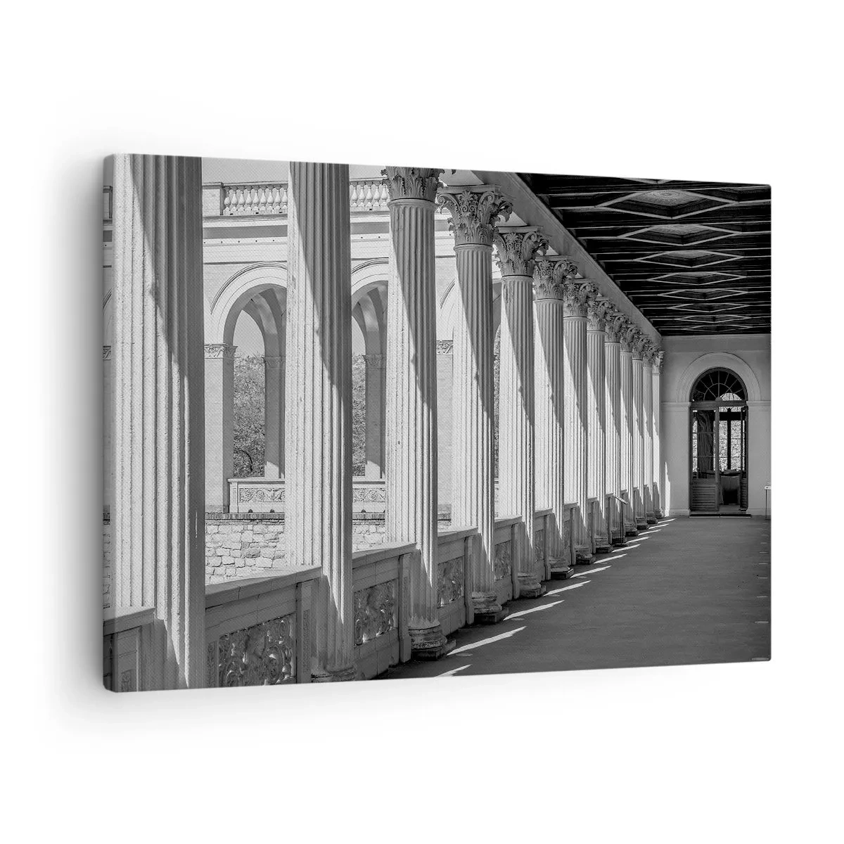 Bild auf Leinwand - Leinwandbild - Kolonnade im klassischen Stil in Schwarz und Weiß - 70x50cm - Sonnige Arkade - Moderne Wanddekoration für Wohnzimmer und Schlafzimmer ARTTOR
