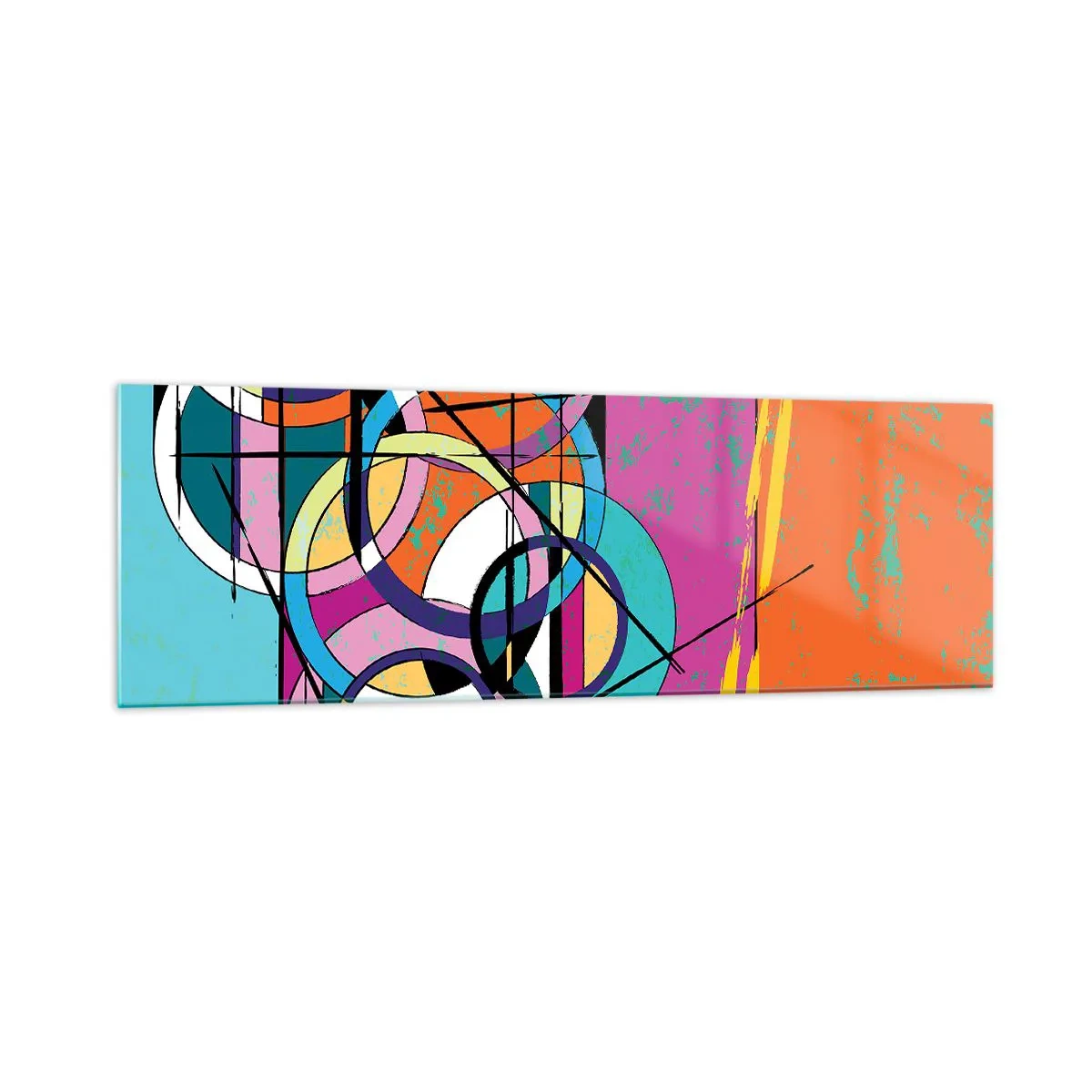 Glasbild - Bild auf glas - Bunte Abstraktion mit geometrischen Kreisen - 160x50cm - Rad für Rad - Moderne Wanddekoration für Wohnzimmer und Schlafzimmer ARTTOR