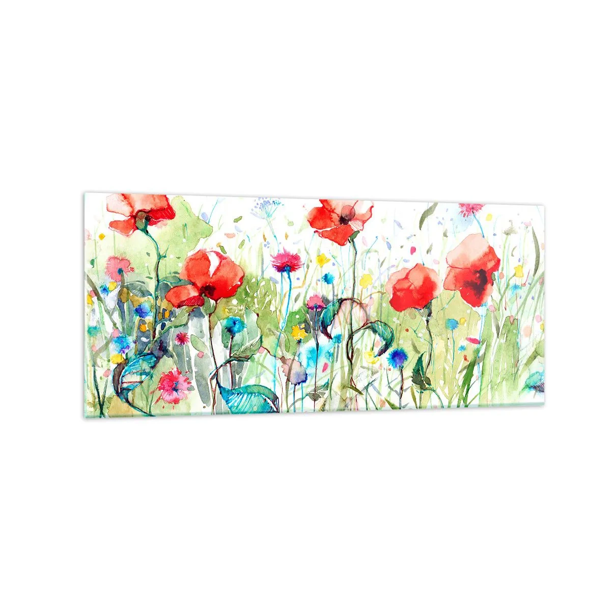 Glasbild - Bild auf glas - Eine Wiese mit roten Mohnblumen und bunten Blumen in Aquarell - 120x50cm - Blühende Maiwiese - Moderne Wanddekoration für Wohnzimmer und Schlafzimmer ARTTOR