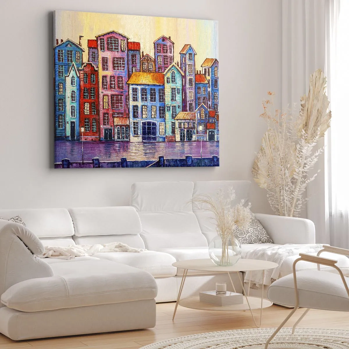Bild auf Leinwand - Leinwandbild - Bunte Mietshäuser am Wasser im künstlerischen Stil - 70x50cm - Stadt wie aus einem Märchen - Moderne Wanddekoration für Wohnzimmer und Schlafzimmer ARTTOR