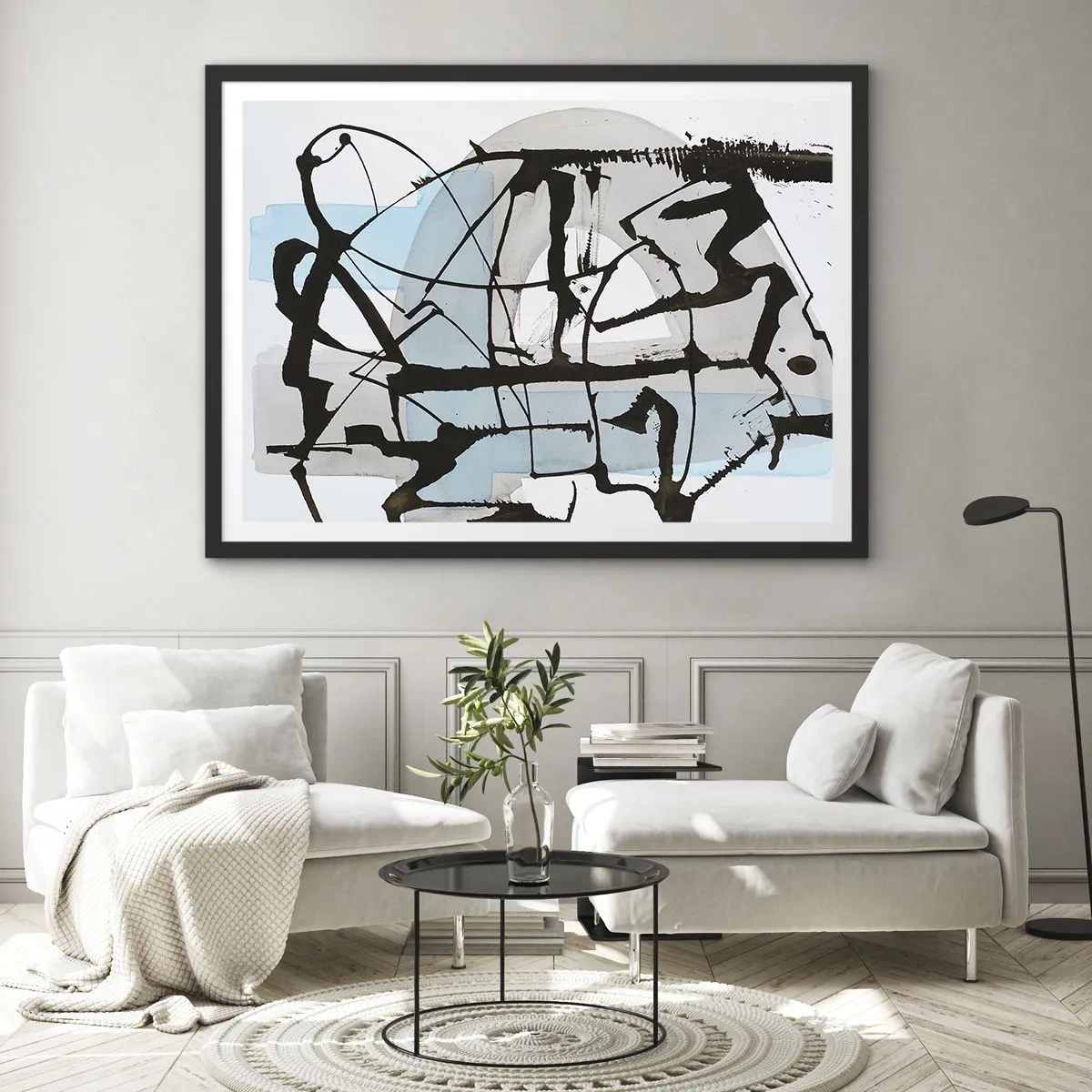 Poster in einem schwarzem Rahmen - Abstrakte Linien und Formen in Blau und Schwarz - 70x50cm - Trotzdem blau - Moderne Wanddekoration für Wohnzimmer und Schlafzimmer ARTTOR