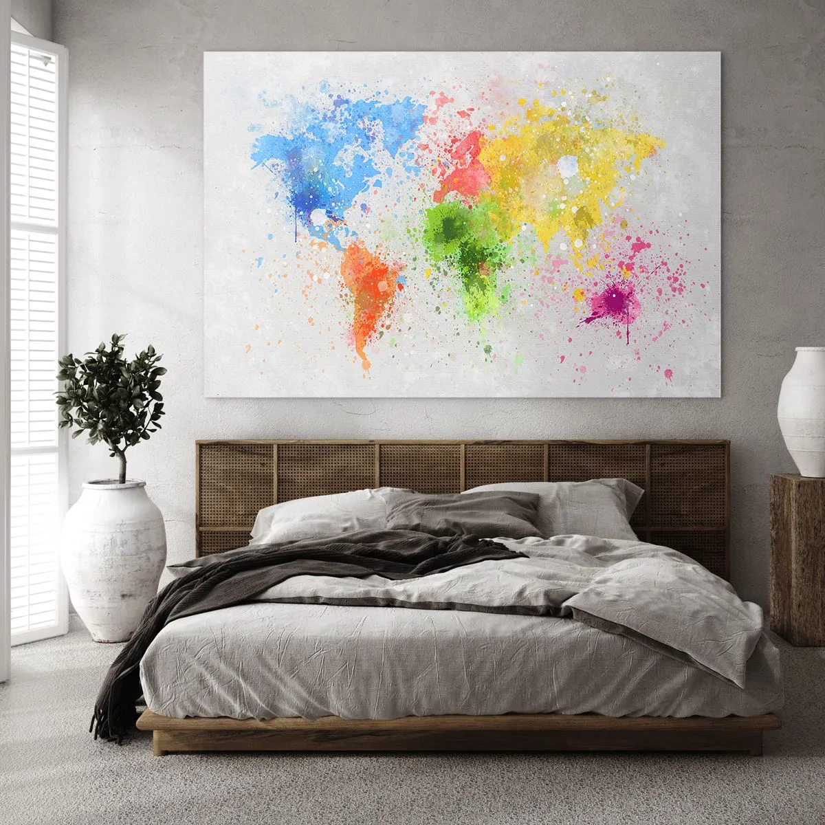 Glasbild - Bild auf glas - Eine Weltkarte in bunten Farbspritzern - 70x50cm - Alle Farben der Welt - Moderne Wanddekoration für Wohnzimmer und Schlafzimmer ARTTOR
