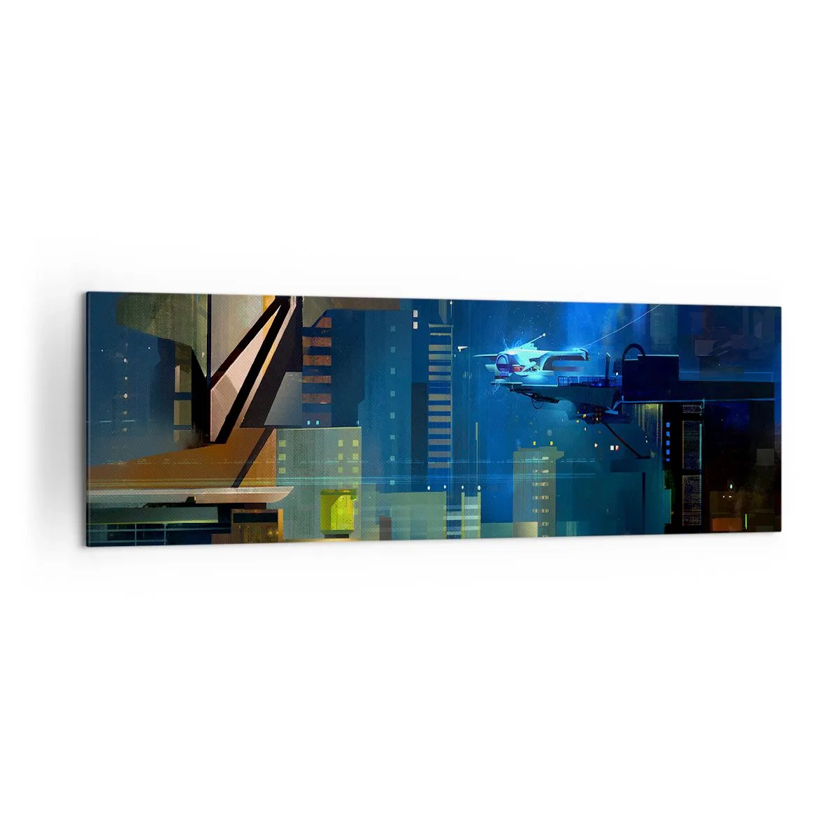Bild auf Leinwand - Leinwandbild - Futuristische Stadt bei Nacht mit Neonlichtern und einem fliegenden Fahrzeug - 160x50cm - In naher Zukunft - Moderne Wanddekoration für Wohnzimmer und Schlafzimmer ARTTOR