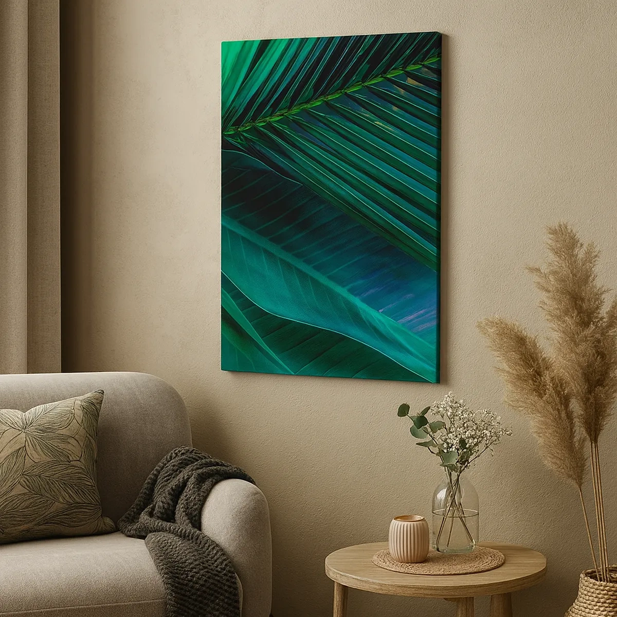 Bild auf Leinwand - Leinwandbild - Nahaufnahme von tropischen grünen Blättern - 50x70cm - Die Anatomie des Grüns - Moderne Wanddekoration für Wohnzimmer und Schlafzimmer ARTTOR